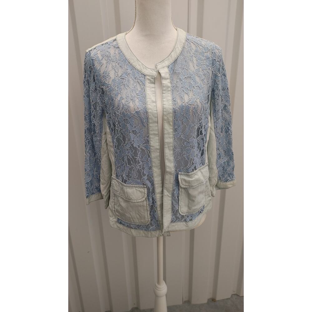 Chico's Light Jacket Blazer Lace Chambray Blue Sz 1 = Sz 8